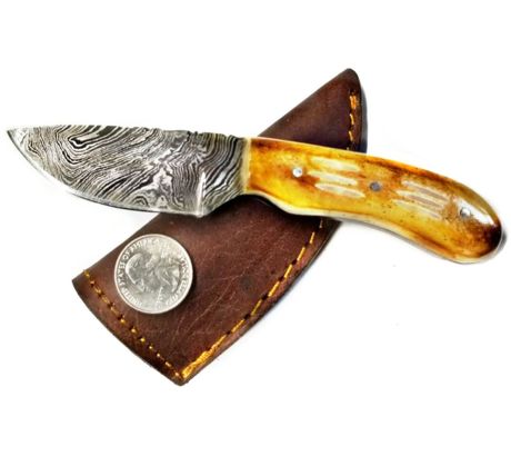 Titan International Knives Damascus Knife / Titan / Camp / Hunting Knife w/  Burnt Bone Handle